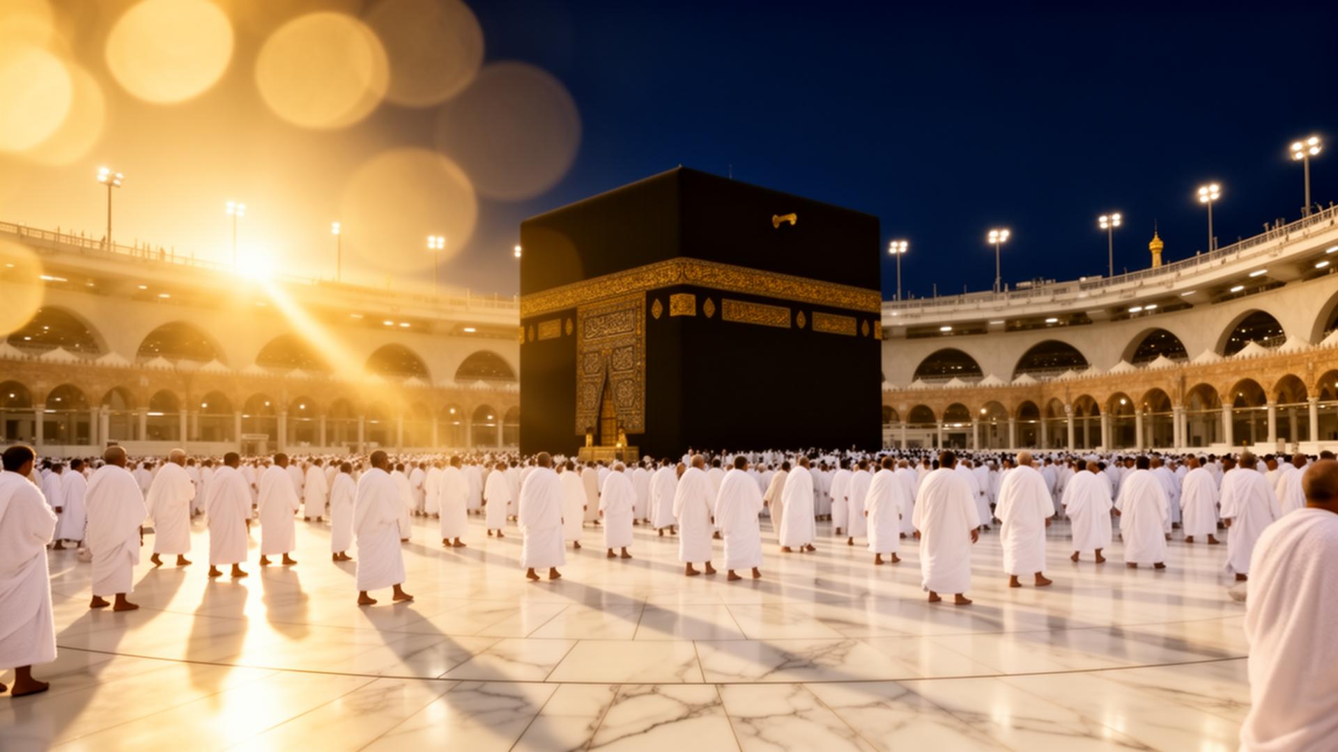 Pilgrims at the Kaaba in Masjid al-Haram during golden hour