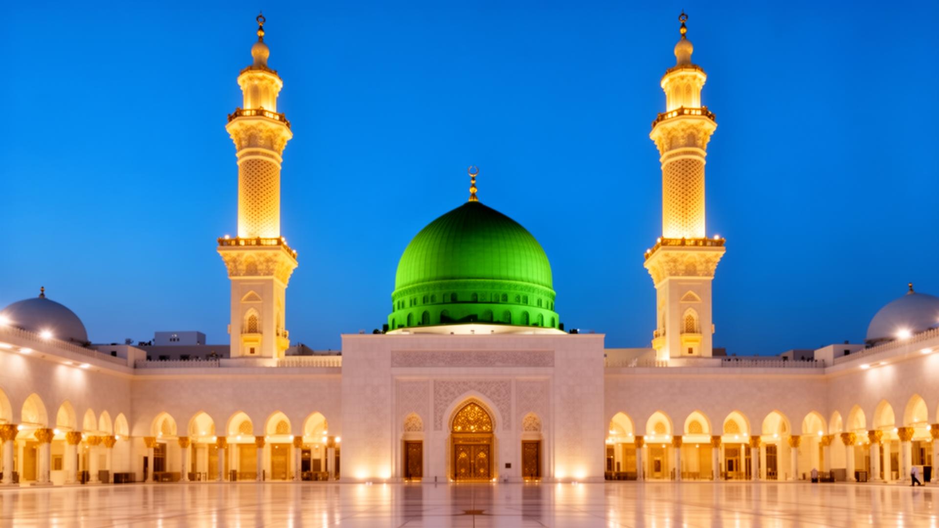 Prophet's Mosque in Madinah at blue hour with green dome glowing
