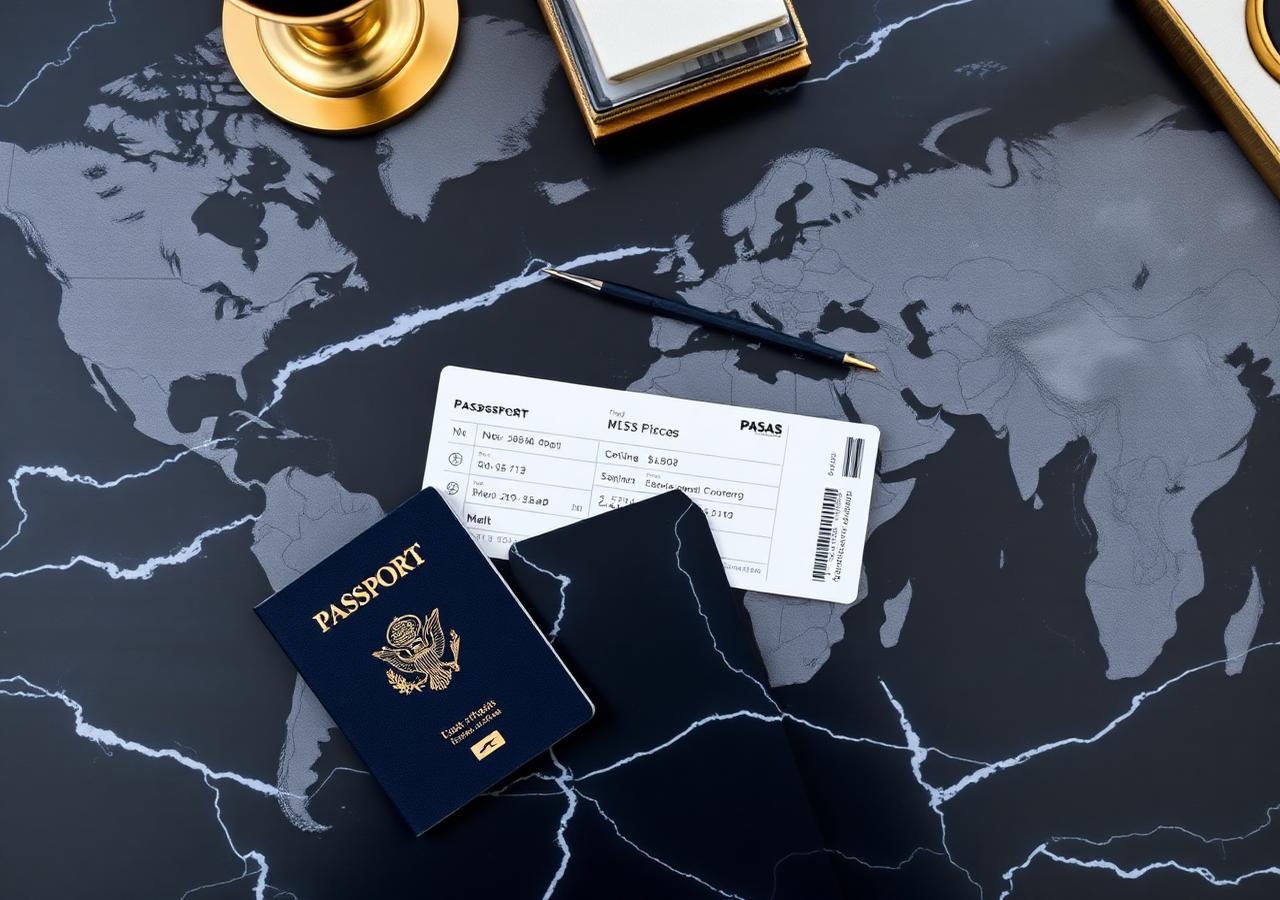 Premium passport and boarding pass on navy marble desk